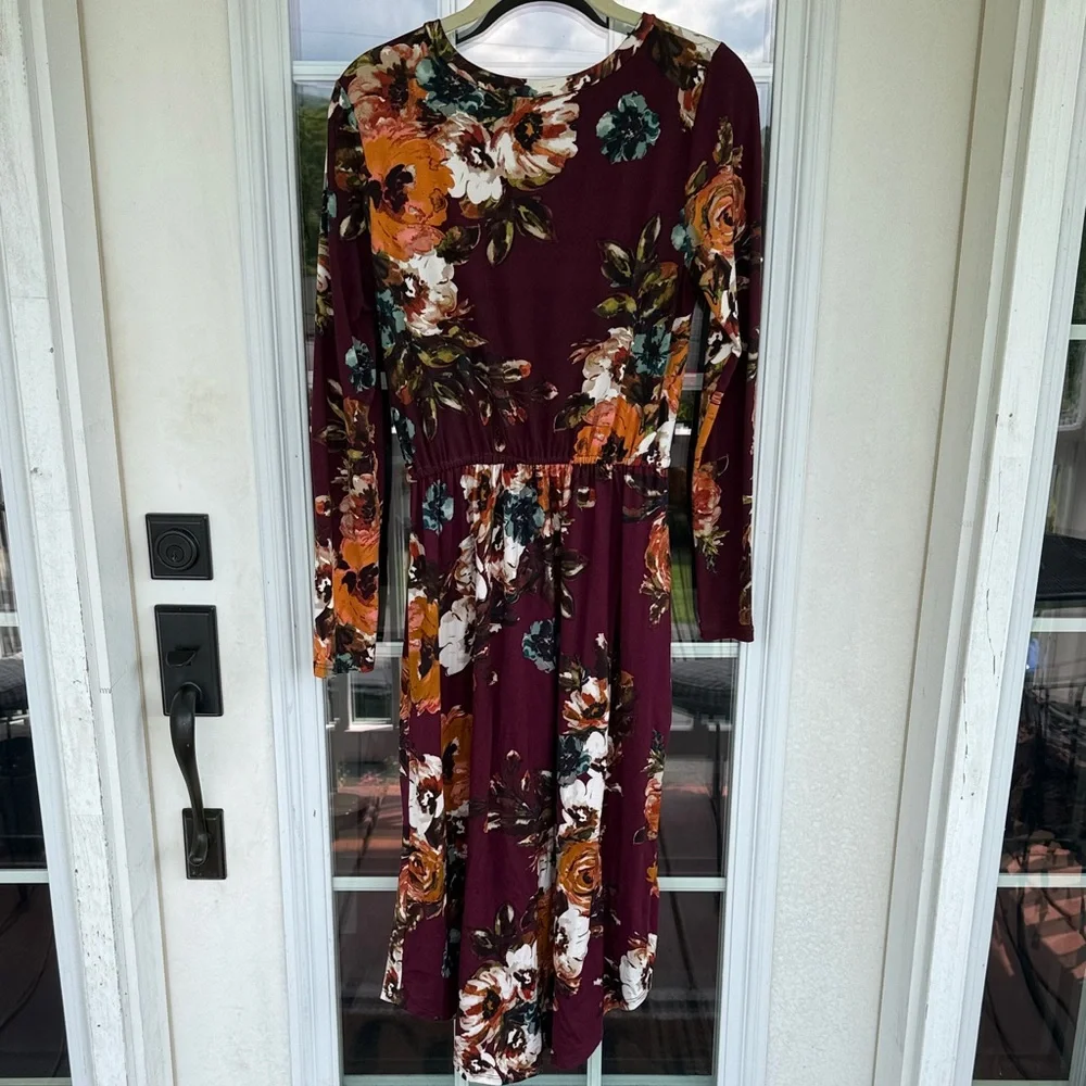 JessaKae Burgundy Floral Long Sleeve Dress Small - Picture 3 of 3